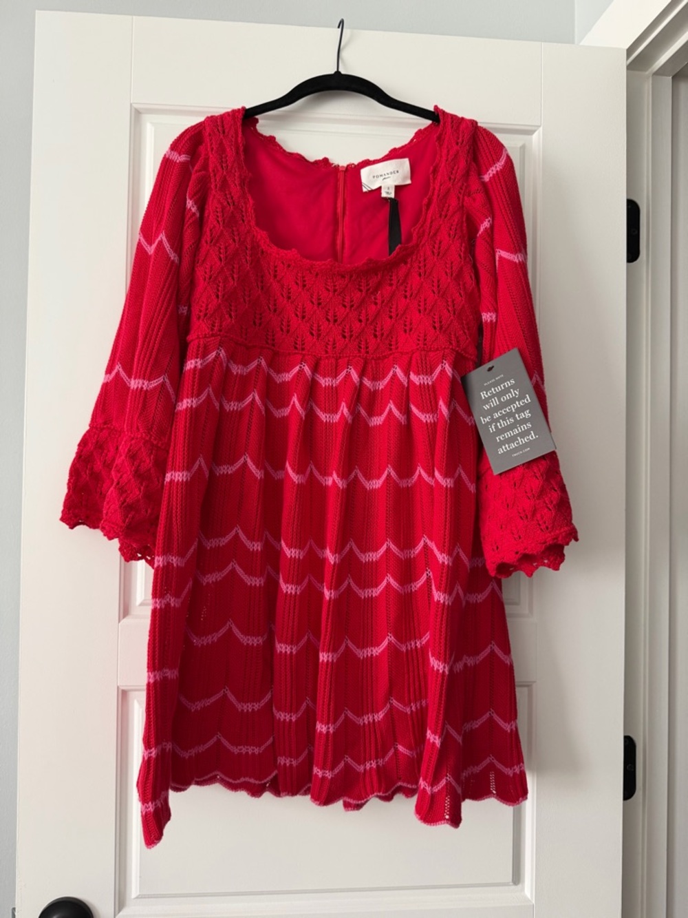 Pomander Place Bright Red Crochet Yoke Knit Tunic
